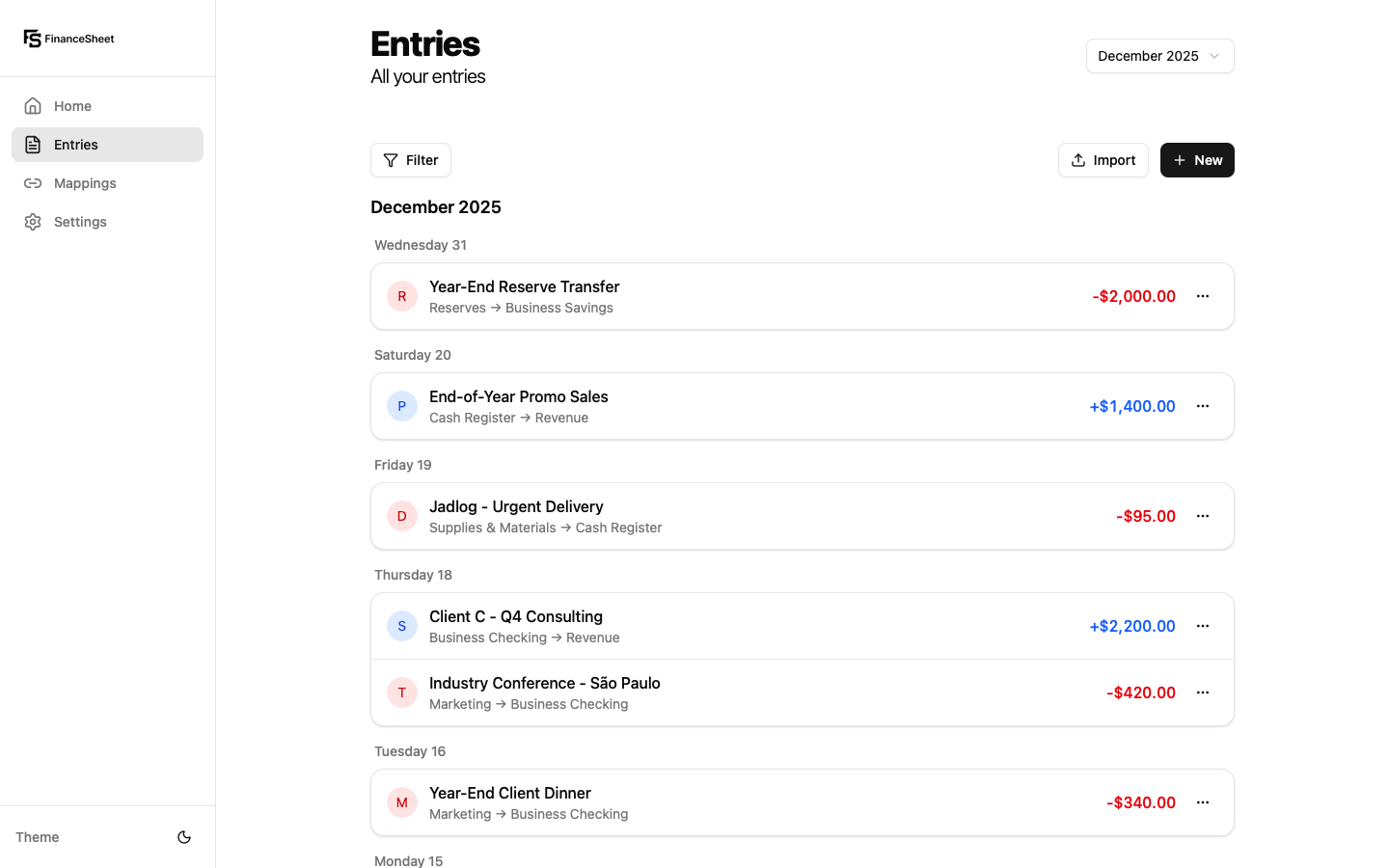 FinanceSheet entries